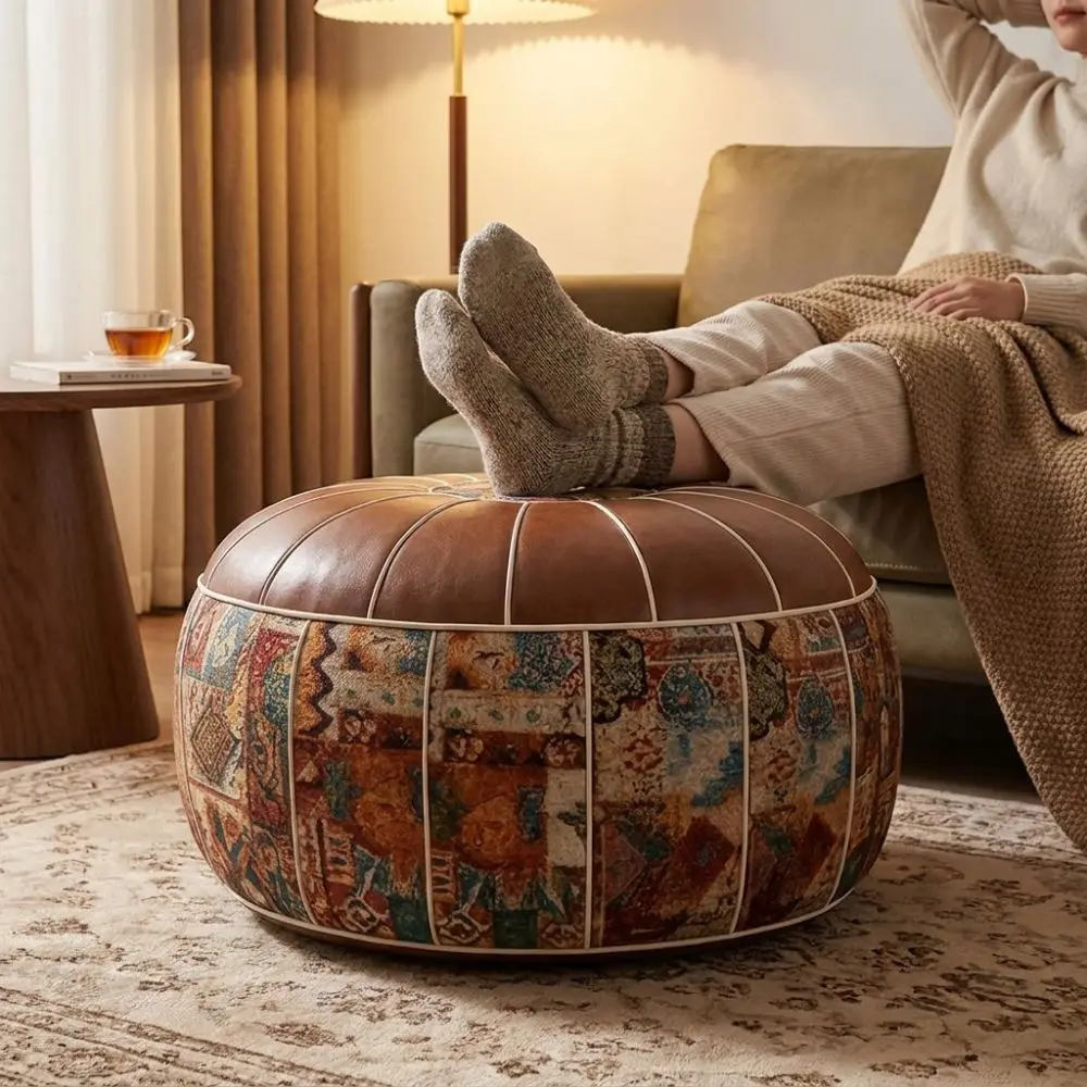 Multi-functional PU Leather Footstool Cover Large Capacity Bohemian Style Sofa Stool Cover Round Waterproof Storage Bag Bedroom view 4