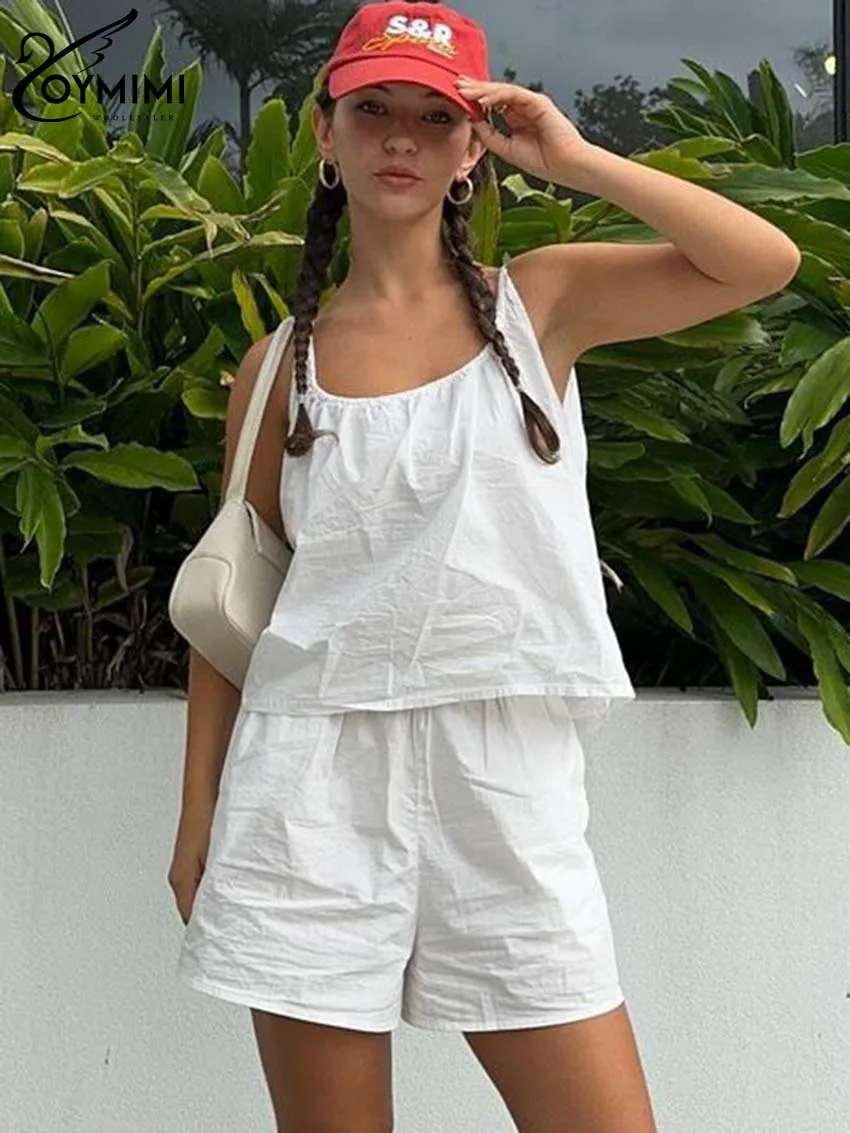 Oymimi Elegant White Cotton Sets Womens 2 Piece Fashion Spaghetti Strap Open Back Tops And High Waist Simple Shorts Female Sets