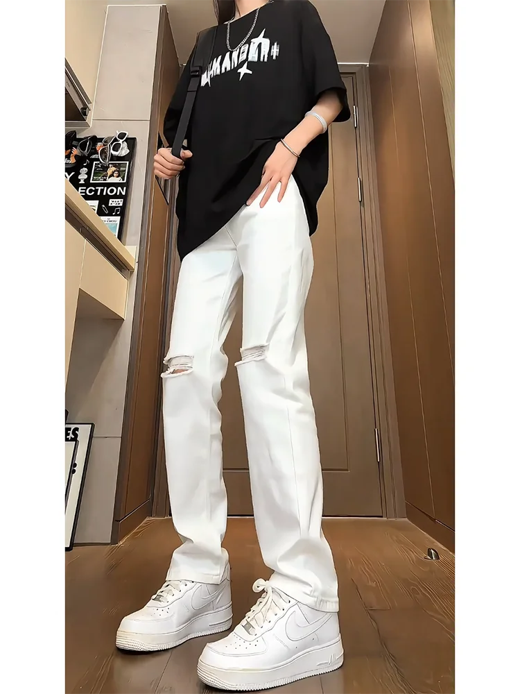 White Ripped Denim Jeans Slim Straight Thin Women's Style American High Street Vibe Straight Leg Micro Flared Jeans