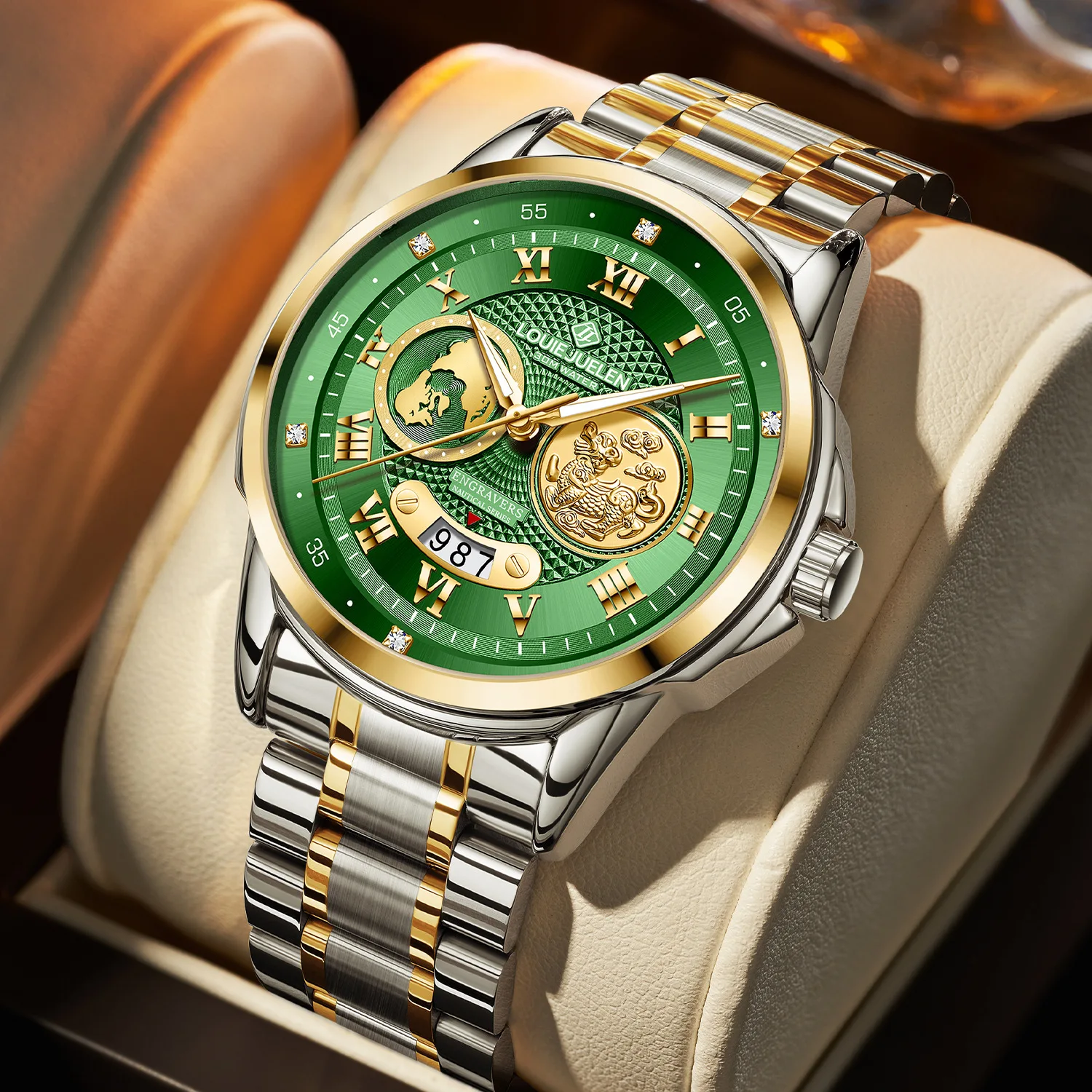 Stainless Steel Business World Map Kirin Emblem 30M Waterproof Luminous Quartz Watch for Men