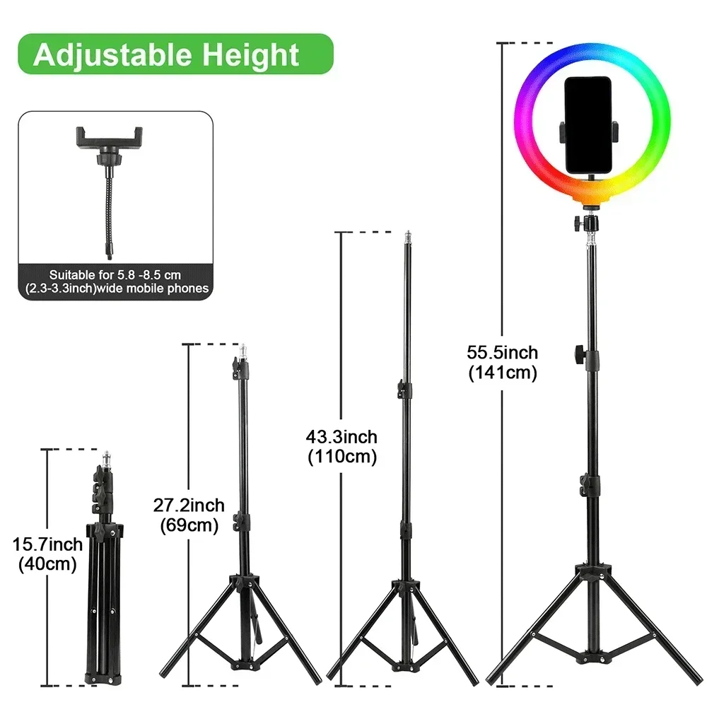 UEGOGO Photo Ringlight Led Selfie Ring Light Portable Selfie Stick Tripod RGB Lamp Photography Lighting with 110cm Stand Holder