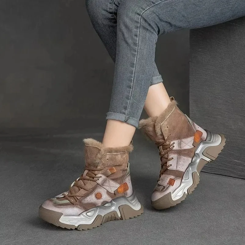 

2025 обувь из натуральной кожи, женские кроссовки на шнуровке в стиле ретро, разноцветные зимние лаконичные кроссовки ручной работы на платформе