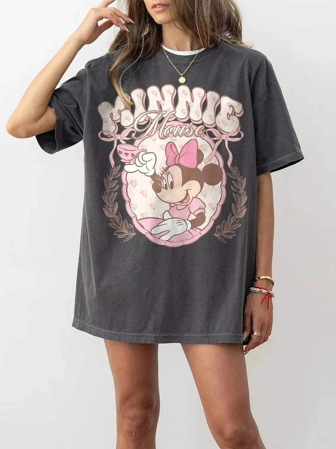 Disney Official Minnie Retro Casual Pure Cotton T-shirt Loose Round Neck All Season Dopamine Slim Fit Short Sleeved Shirt
