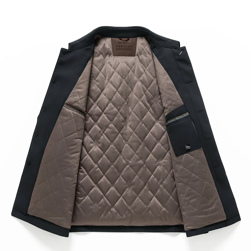 Effortless Men Executive-Style Padded Coat Filled with Polyester Wool Blend Quilted Jackets Winter Thermal Thick Outerwear Navy
