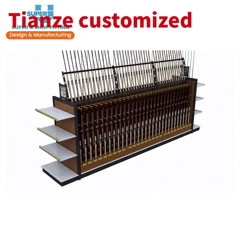 (Customized) Fishing Rod Rack Custom Design Fishing Tackle Store Display Fixture Fishing Pole Reel Stand Display Wooden Shelf Ra