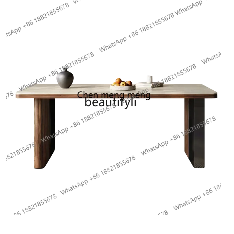 Travertine rock slab dining table living room home light luxury retro simple restaurant solid wood high-end dining table view 2
