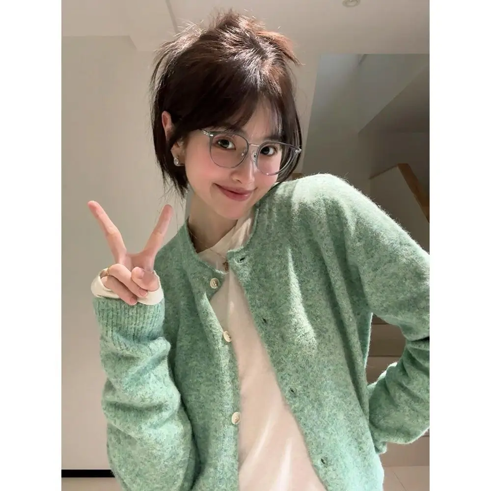 

Мягкий вязаный открытый кардиган мятного цвета, женский весенне-осенний универсальная верхняя одежда, удобная круглая одежда Nine-Quarter Sve Ne