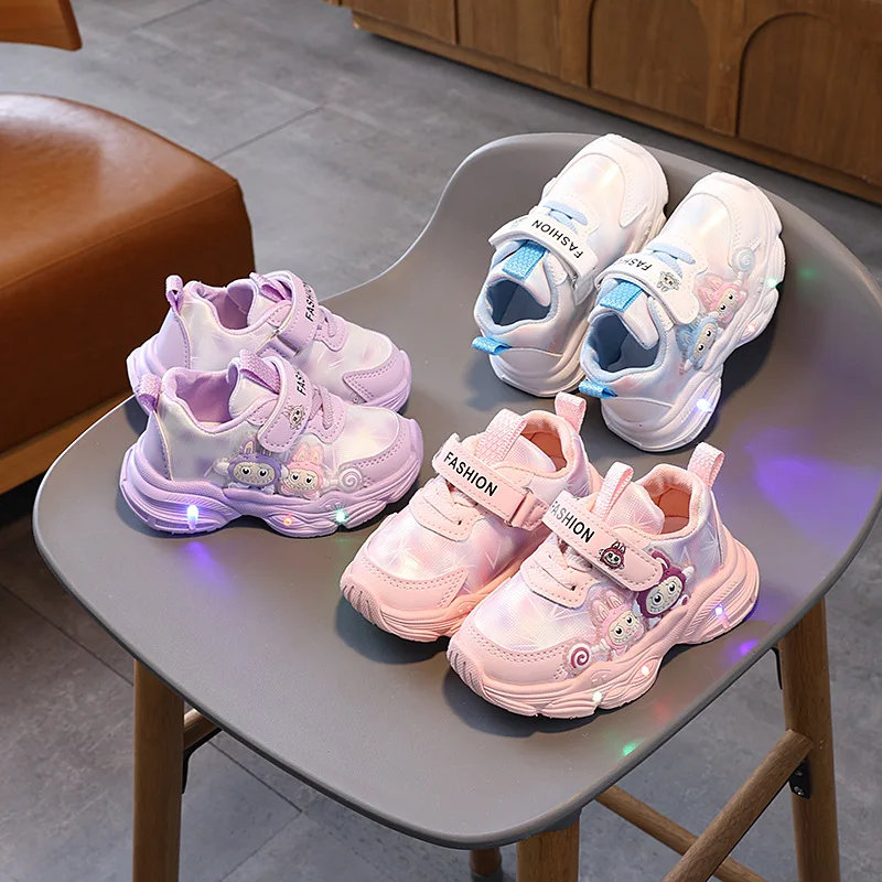 

Girls Shining Fashion Light Shoes 2024 Autumn Children's Cartoon Princess Shoes Baby Soft Soles Non-slip Versatile Toddler Shoes