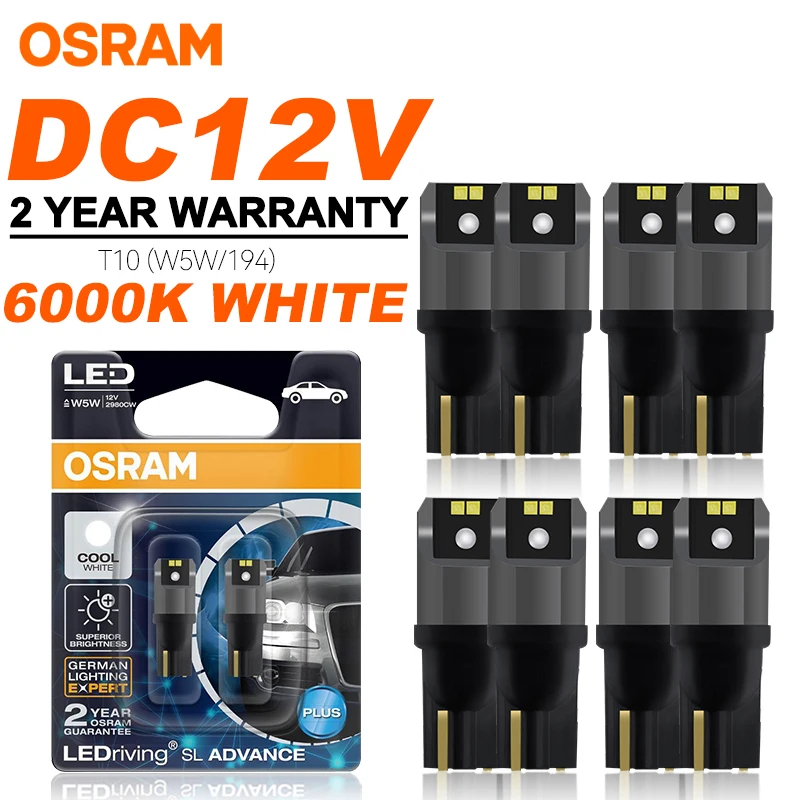 Lâmpada LED OSRAM T10 6000K W5W 194 LEDriving SL Advance 6000K Branca para Leitura Automotiva, Luz de Porta e Interior 12V 1.5W 2980CW 2/4/8PCS