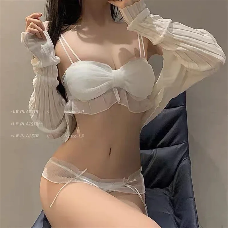 2024 Mesh Underwear Women\'s Thin Section Small Chest Gather No Steel Ring Anti-sagging Bra Sexy Girl Pure Desire Style Bra Set