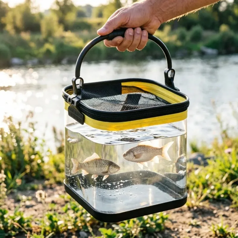Tragbarer, faltbarer, transparenter Fischereimer, Behälter für lebende Fische, zusammenklappbarer Wassereimer, Outdoor-Camping-Angelköder-Eimer – Detail 6