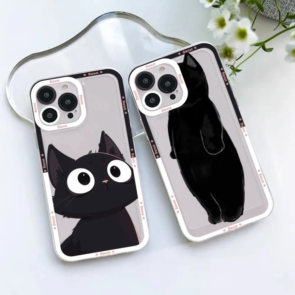 Black Cat Cartoon Cute Phone Case For Samsung S 20 21 22 23 Lite Plus Ultra Clear Mobile Cover Funda