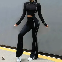 2Pcs Women Yoga Suit Tight Fitting Sports Set Workout Breathable Fitness Bra Gym Long Sleeve Crop Top Bell-bottoms Leggings XP32