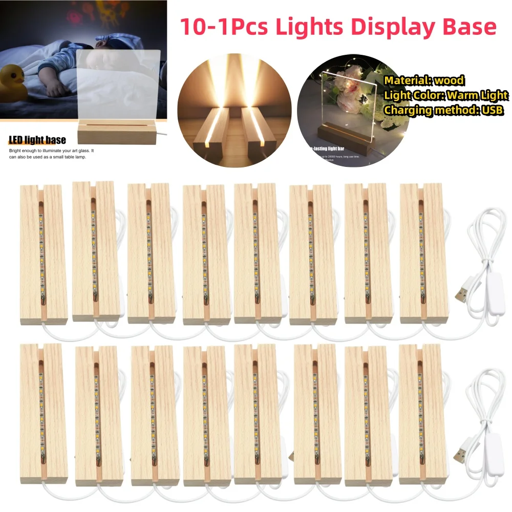 10-1Pcs LED Wood Light Display Crystal Wooden Lighted Base Stand Acrylic Light Plate Base USB Wooden Base for Resin Art Lights