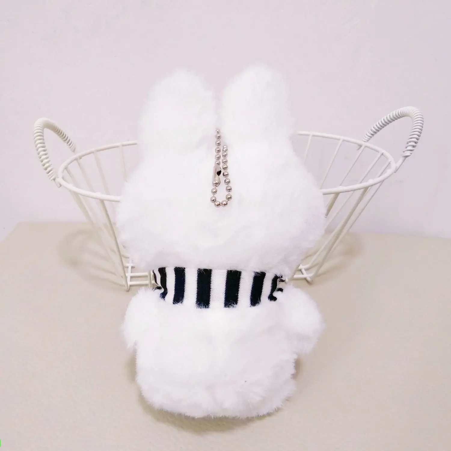 Cute Miffy Rabbit Plush Keychain Kawaii Bunny Doll with Black‑White Striped Scarf Pendant Charm Hanging Ornament Gift for Girls