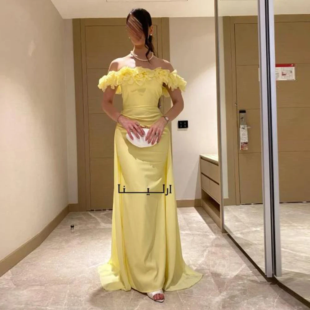 

Customized 3D Flower Evening Dresses Detachable Train Off the Shoulder Mermaid Wedding Guest Dress Yellow Chiffon Formal Gown