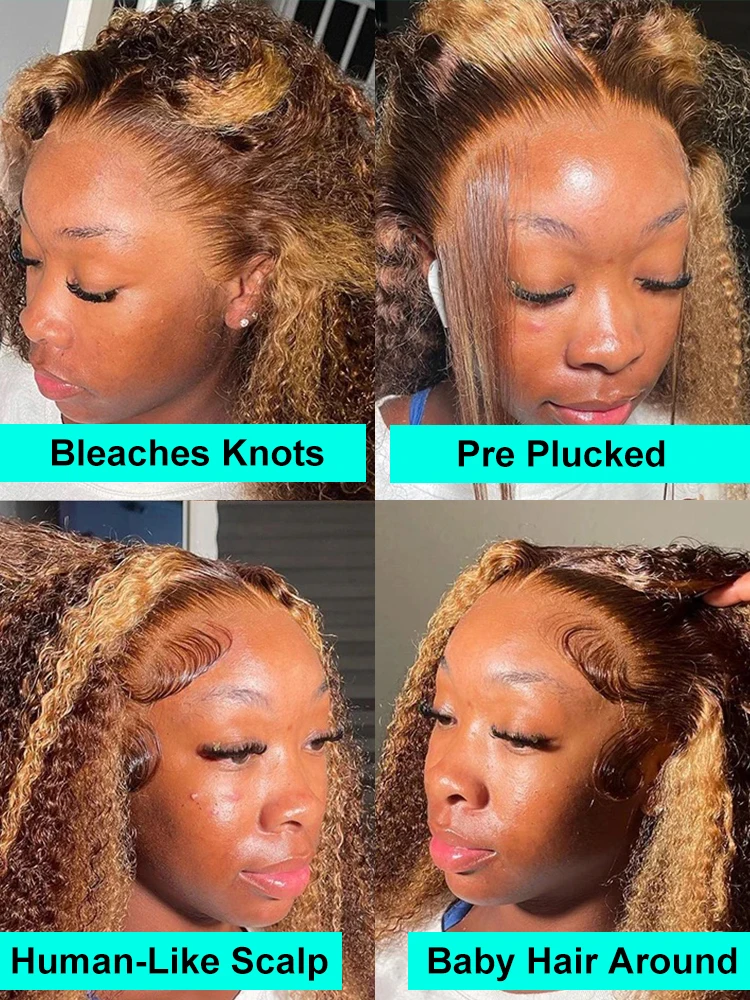 250% Highlight Ombre Human Hair Wig Glueless Preplucked Human Wigs Ready to Go 13x4 Curly Lace Frontal Human Hair Wig Deep Wave