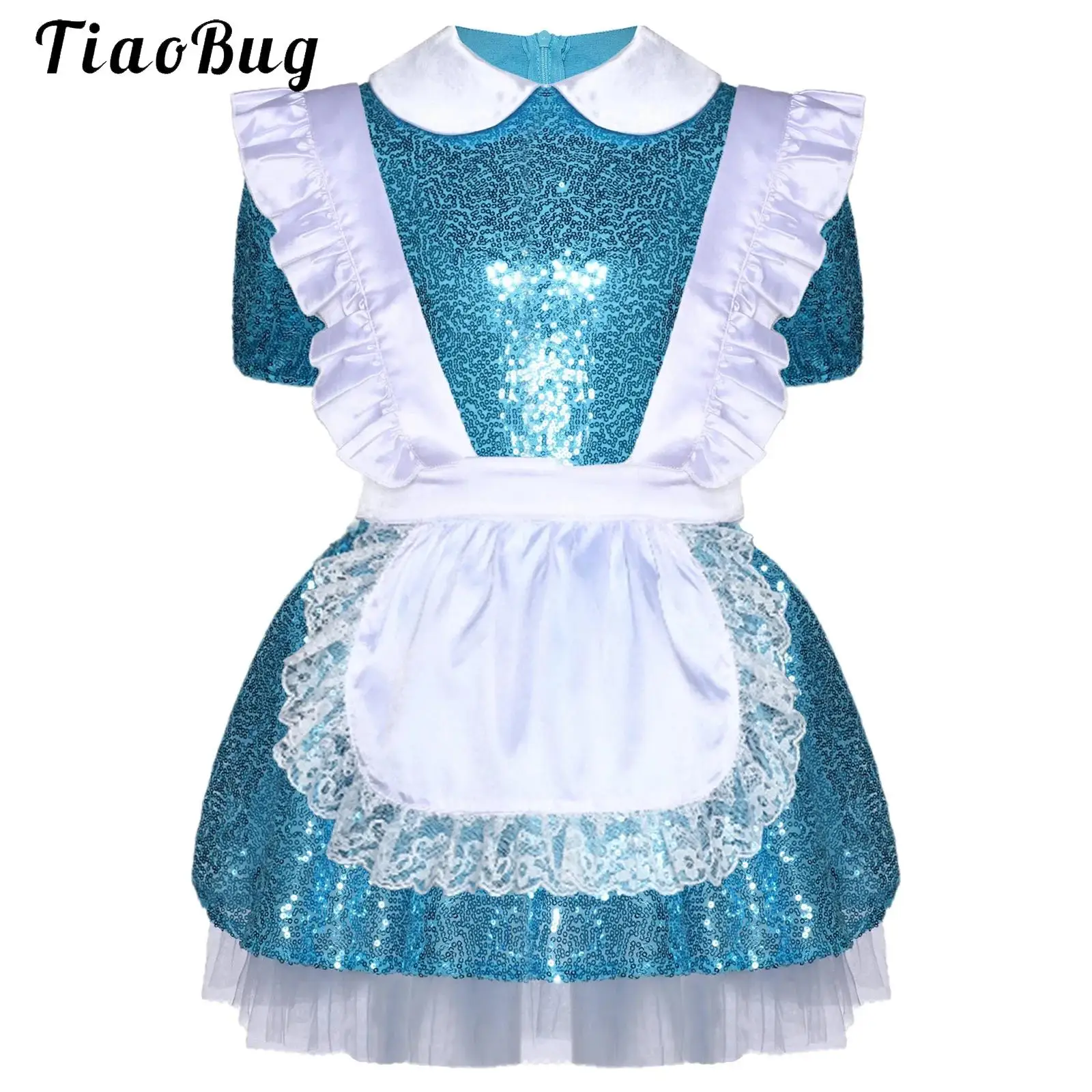 

Wonderland Costume for Kids Girls Halloween Cosplay Outfits Blue Sequins Lolita Maid Dress with Lace Ruffled Apron Fancy Set
