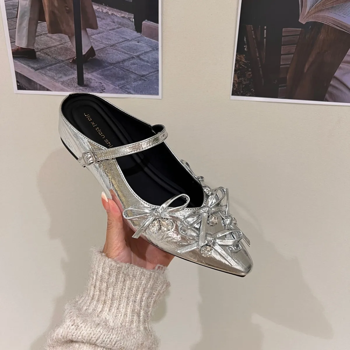 Women's Summer Pointed Toe Sandals Fashion Crystal Slip on Slides Casual Street Style Slingback Slippers Chaussure Femme A Talon