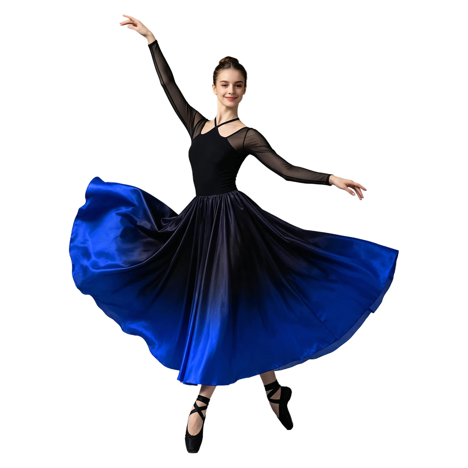 Women Contemporary Lyrical Modern Dance Swing Dress Gradient Satin Big Stage Skirt Classic Flamenco Waltz Performance Costume