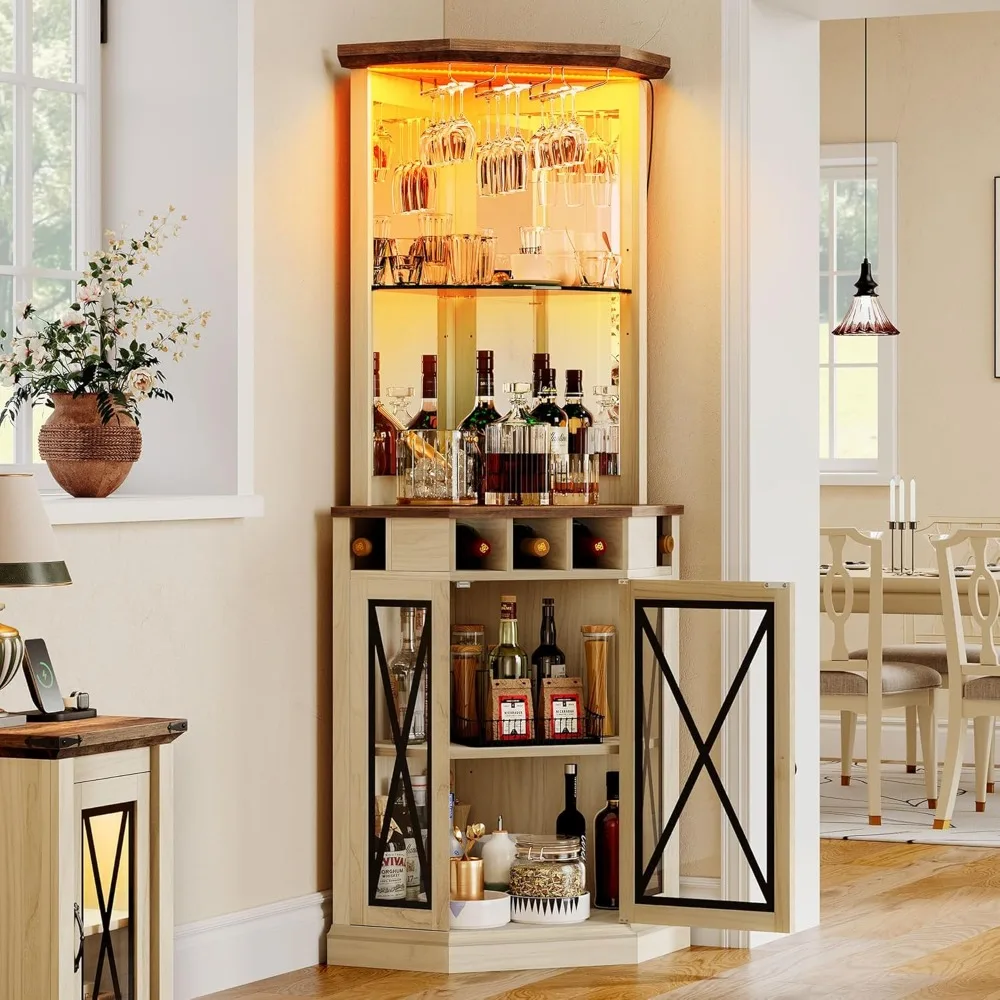 

Corner Bar Cabinet with LED Lights, 72" Tall Farmhouse Wine Bar Cabinet w/Visualization Glass Door & Adjustable Shelves