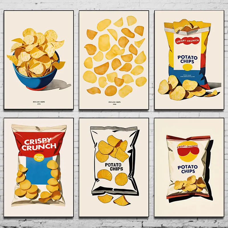 Vintage Pop Art Posters Potato Chips Snacks Golden French Fries Canvas Painting Convenience Store Decor Gifts Wall Art Picture