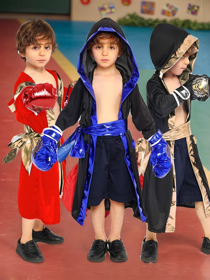 

Children's Boys And Girls Cosplay Muay Thai Fighting Training Suit Cape Hooded Robe Belt Boxing Shorts Martial Arts Clothing