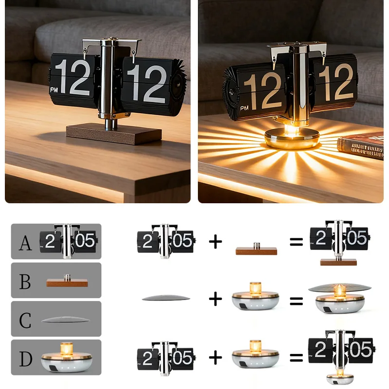 4PCSMultifunctional Flip Clock with Ambient Light-Vintage Bedside Table Lamp,Battery Powered Internal Operated Modern Desk Decor