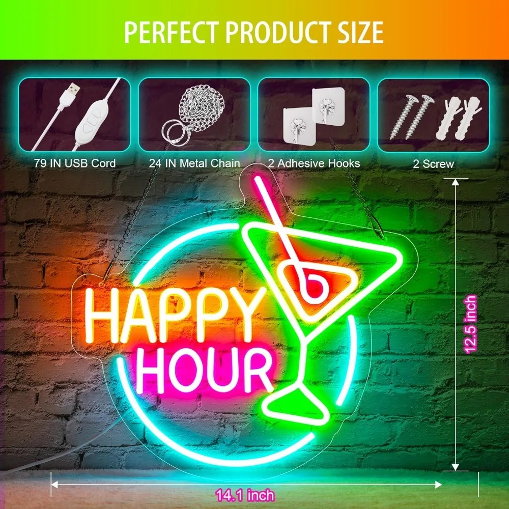 Happy Hour Neon Sign Dimmable LED Happy Hour Neon Bar Signs for Home Bar, Bright Cocktails Happy Hour Neon Signs for Wall Decor
