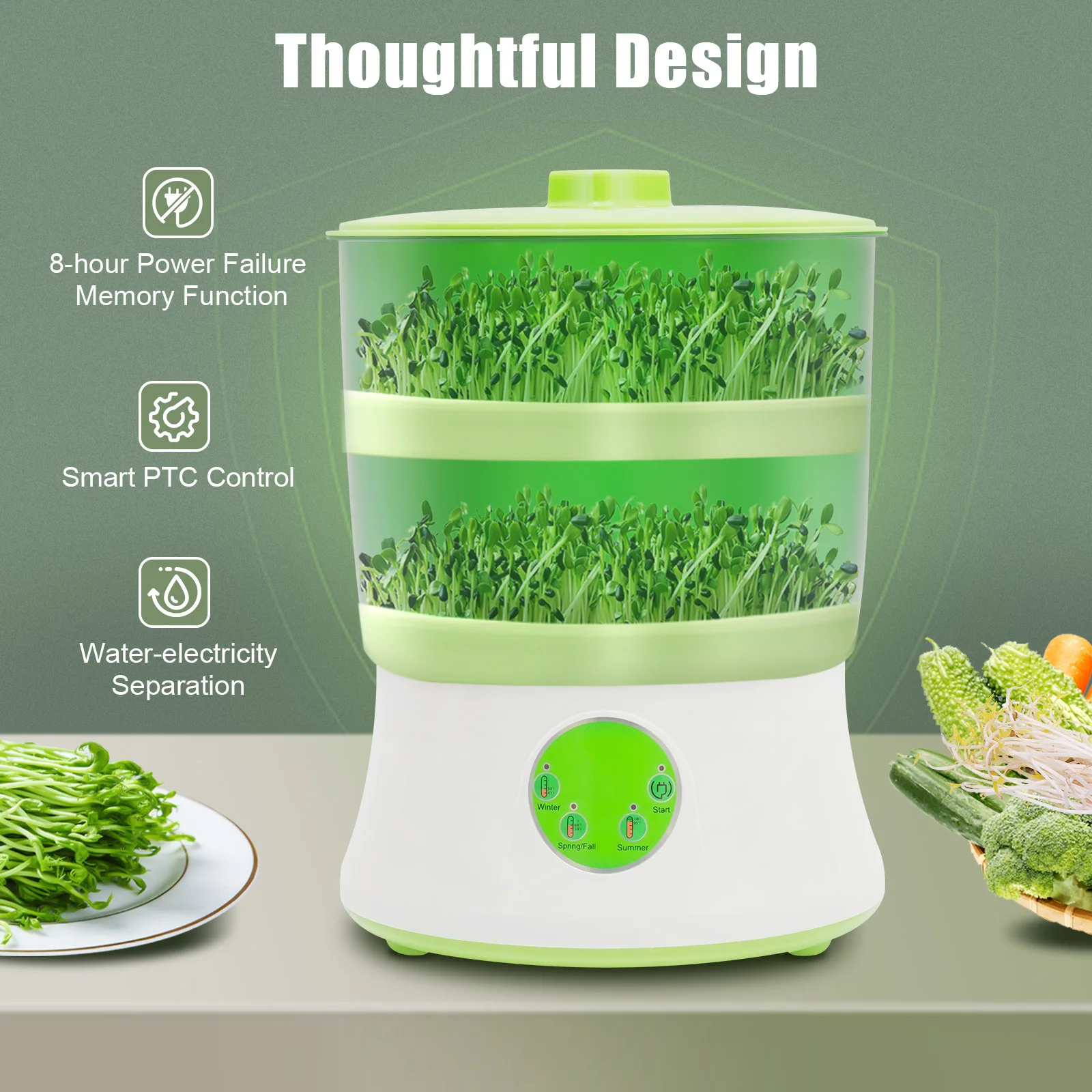

Automatic Bean Sprout Maker, 2-Layer 3 Modes 360° Spray, Indoor Organic Mung Soybean Growing Machine for Home Gardening
