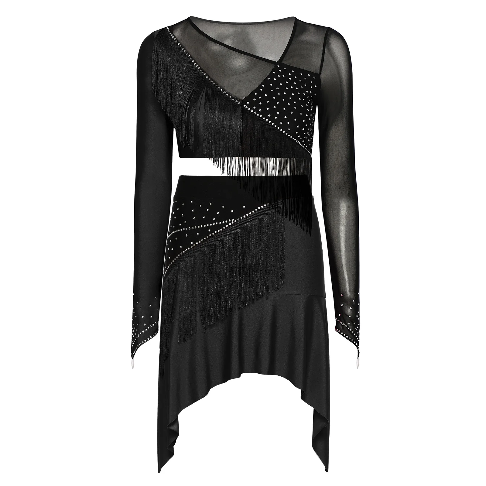 

Women Latin Tango Tap Cha-cha Salsa Dance Costume Long Sleeve Mesh Tassel Crop Top And Fringe Skirt Performance Dancewear Outfit