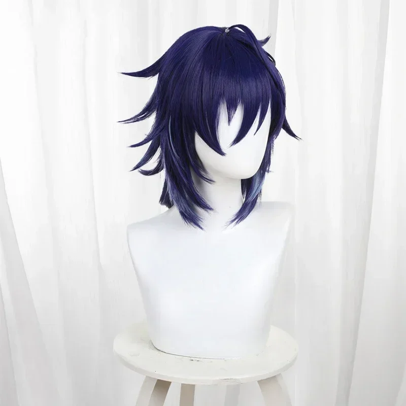 Jeu Genshin Impact Ororon Cosplay perruque hommes 40 cm bleu foncé cheveux longs Natlan Ororon Cosplay gratuit perruque casquette Halloween