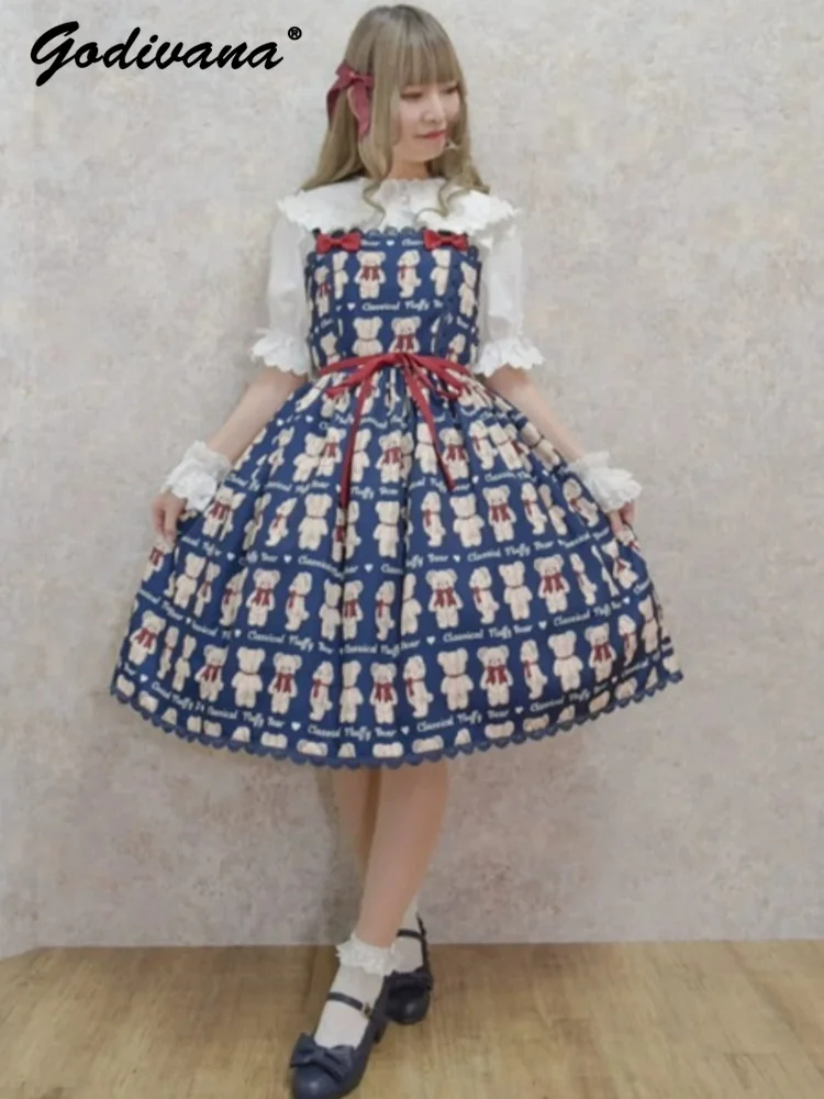 

Japanese Style Girls Summer Kawaii Cartoon Bear Print Jsk Dress Women's Spaghetti Straps Lolita Midi Dresses