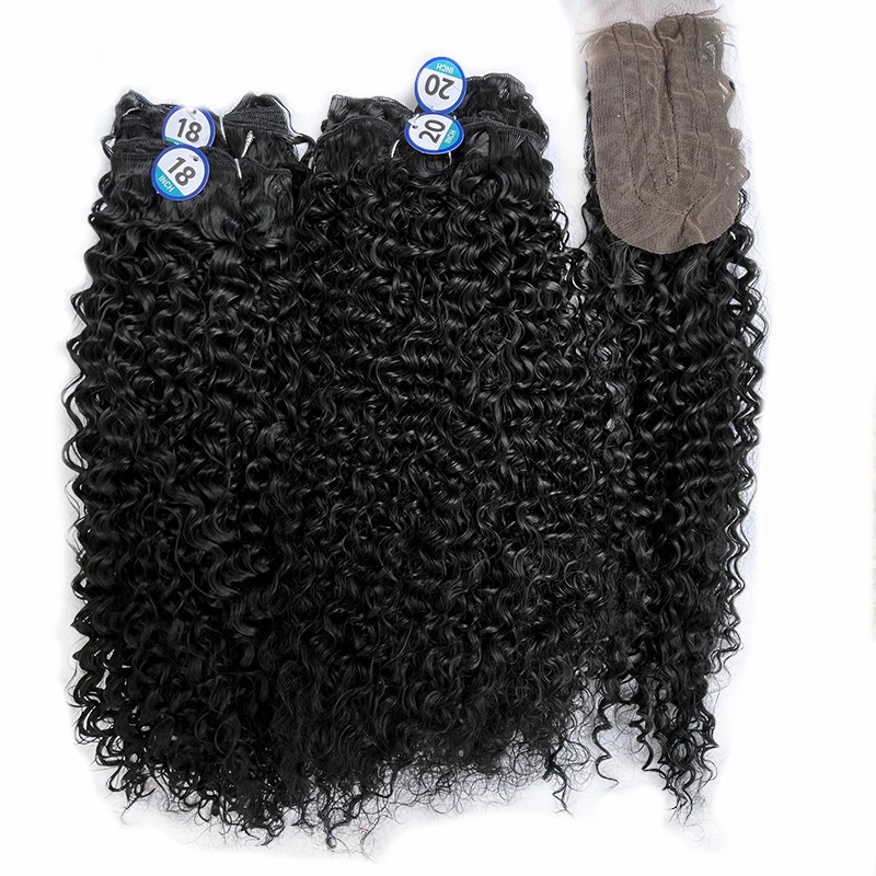 Honeys Synthetic Kinky Curly Hair Bundles With Closure For Women 4 Bundles Jerry Curly Fiber Hair Extensions With Lace Closure