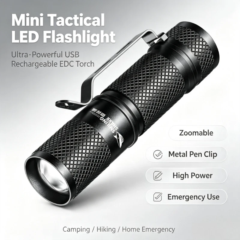 SMILING SHARK Ultra‑Powerful Mini Tactical LED Flashlight USB Rechargeable Zoom EDC Torch SD-5226B