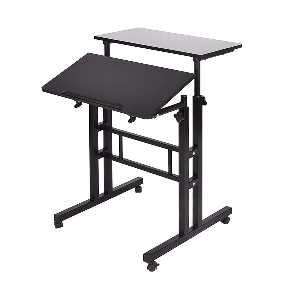 Escritorio Pequeño con Altura Ajustable de 70-110 cm, con Ruedas Bloqueables, Estación de Trabajo con Mesa Inclinable