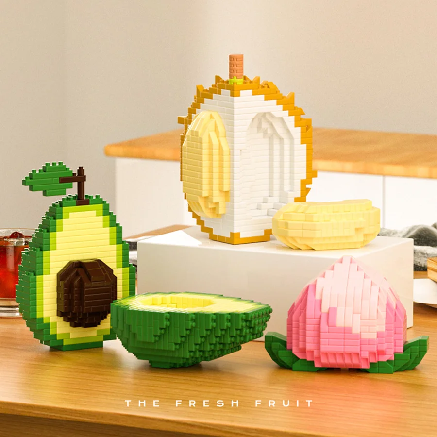 

Six fruit building blocks, fruit dynamic assembly toys, peaches, watermelon, orange and banana shapes. Desktop decoration.