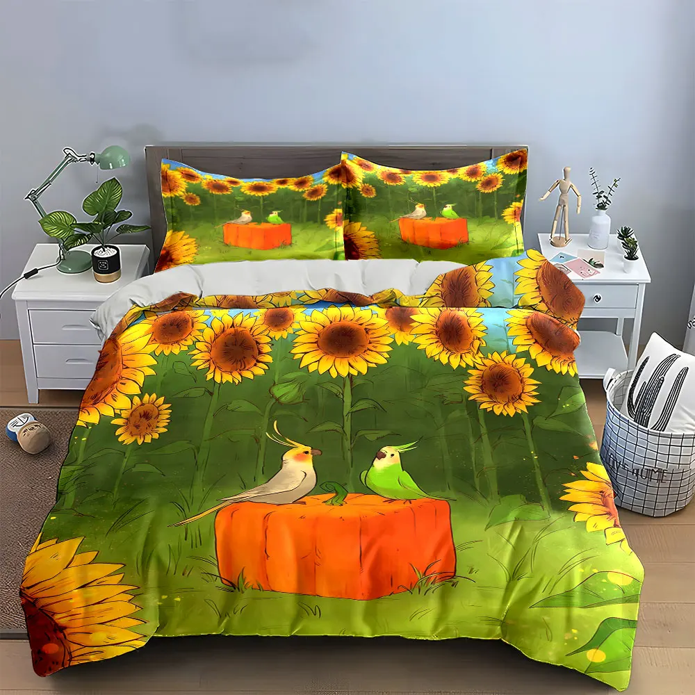 3Pcs Whimsical Farm Bedding Set, Cockatiels on a Pumpkin in a Sunflower Field Print Duvet Cover, Cute Bedroom Decor