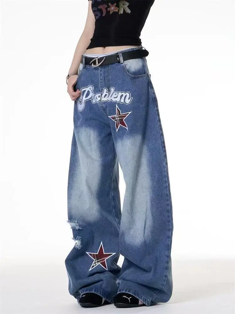 Deeptown Vintage Embroidered Star Women Jeans Washed Hole Wide Leg American Style Baggy Denim Pants Gyaru Straight Hip Hop