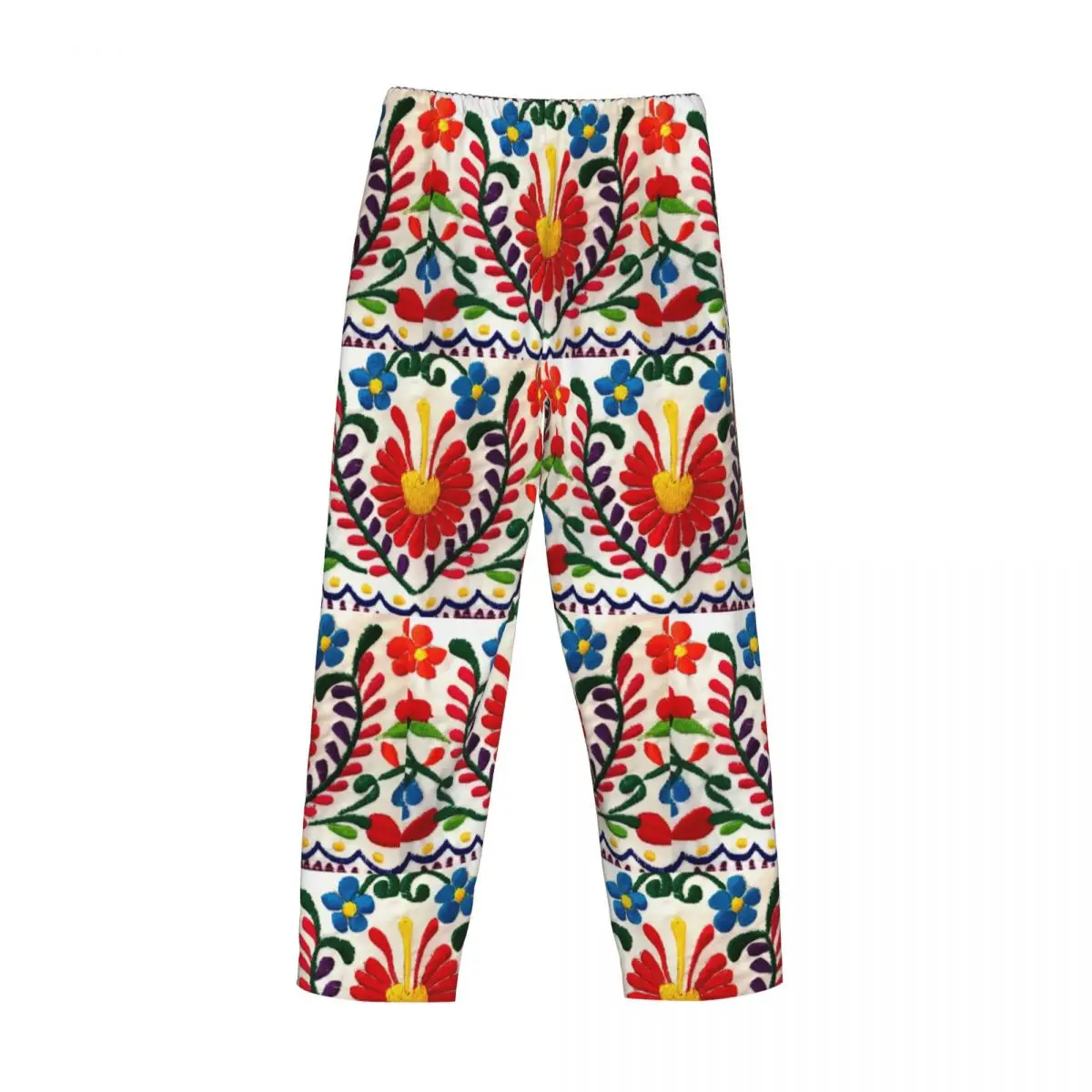 Custom Mexicaanse Bloemen Borduurwerk Pyjama Broek Nachtkleding Heren Elastische Tailleband Slaap Lounge Broek Met Zakken