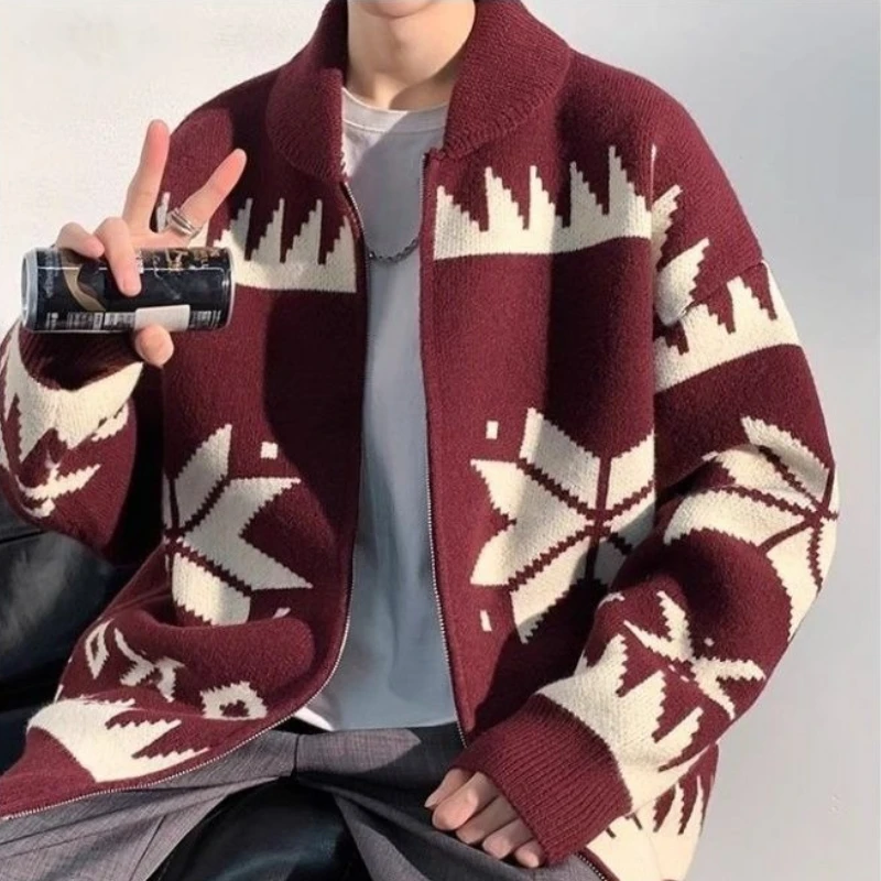 

Men's Youth Trendy Casual American Street Print Zip Knitwear Loose Cardigan Autumn Winter Standing Collar Jacket Fashion