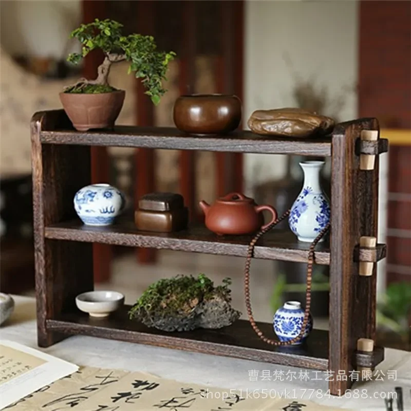 Wooden Charcoal Teapot Rack Multi Layer Desktop Storage Organizer for Small Tea Sets Sundries Finishing Shelf Kitchen Display