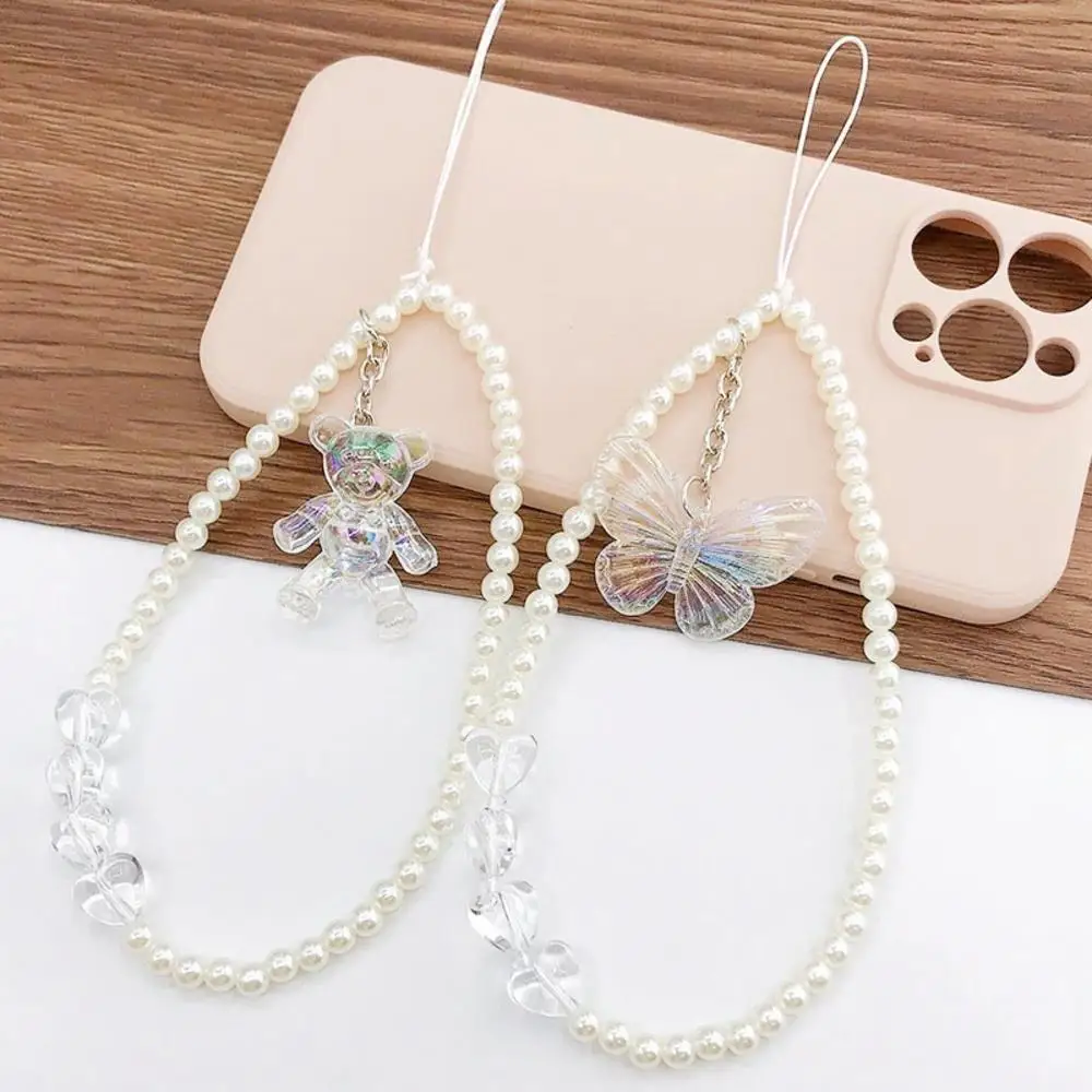 Cute Bear Butterfly Charm Phone Chain Lanyard Acrylic Pearl Heart Beaded Pendant Strap Women DIY Jewelry Accessories For Xiaomi