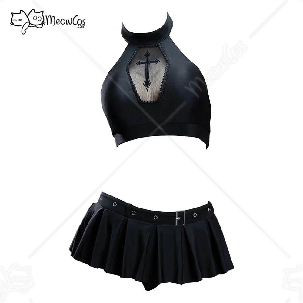 Meowcos.com Women's Black Bikini Set Gothic 2 Piece Swimsuit Bathing Suit with Coffin Cutout