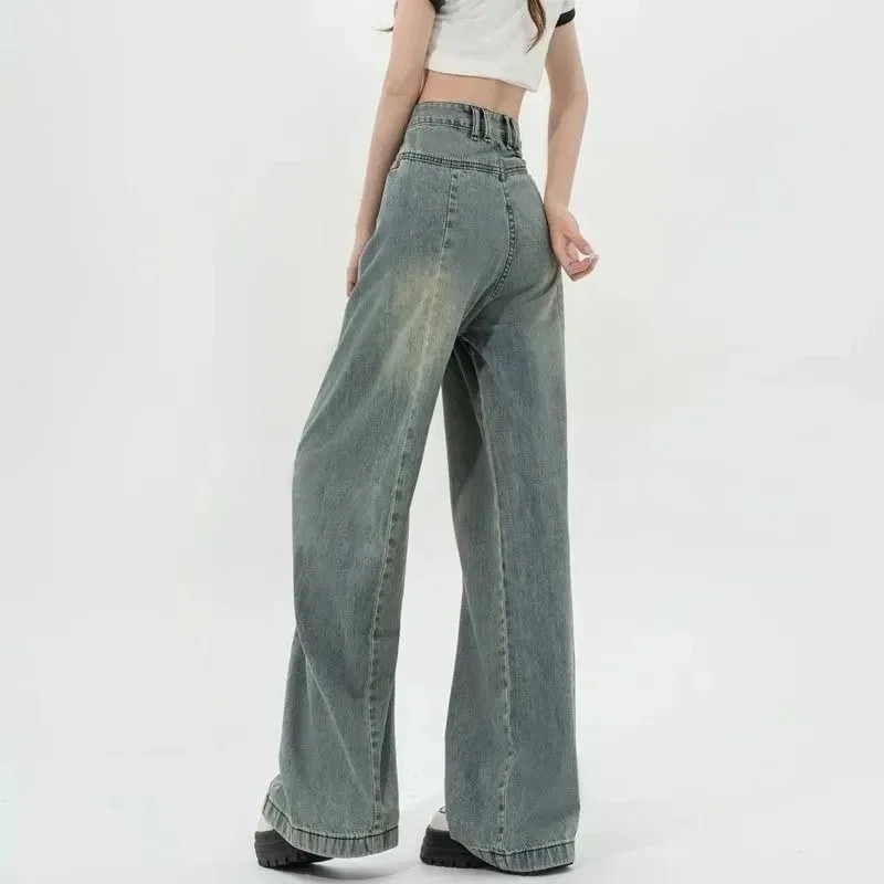 2024 New Spring Autumn Women's Trousers Korean Pleated Wide Leg Pants Casual Design High Waist Pantalones Vintage Baggy Jeans