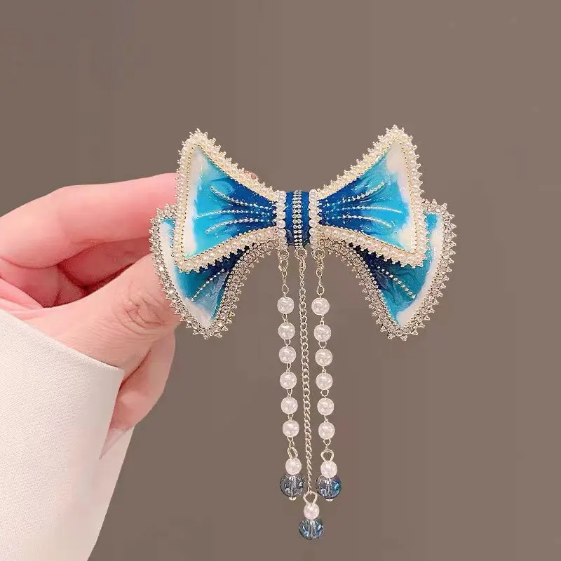 2022New retro grace Pearl Bow Blue Fringe Hair Clip  Women ponytail clip Spring clips Hair Accessories Gifts Heawear decorate