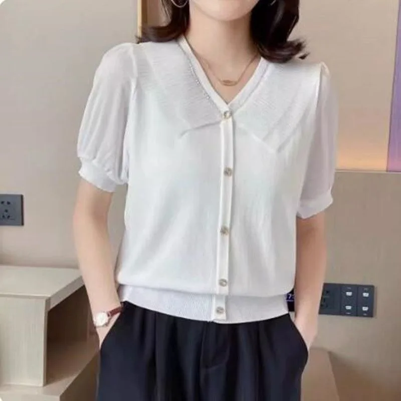 Women's Clothing Slim Fashion T-shirt Summer Elegant Short Sleeve Dignified Tees Office Lady Pullover V-neck Button Tops Q375