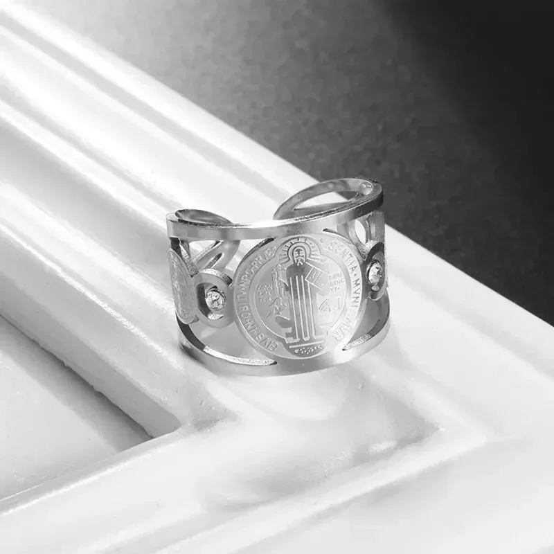 Mens Women New Adjustable Size Stainless Steel Catholic Exorcist Saint Benedict Religious Ring Jewelry Gift