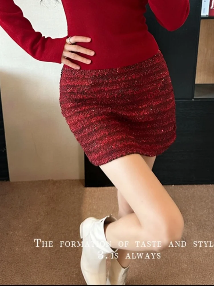SMTHMA Gonna corta in lana di Capodanno stile piccolo profumato da donna con paillettes a trapezio sexy per ragazza piccante rossa