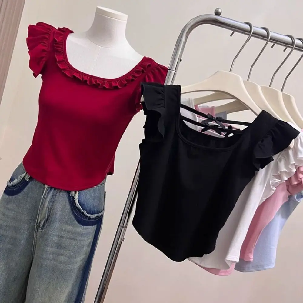 

Cute Ruffled Edge Bow Short Sleeve T-shirt Bow Pullover Y2K Slim Crop Top Chic U Neck T-shirt with Chest Pads Girls